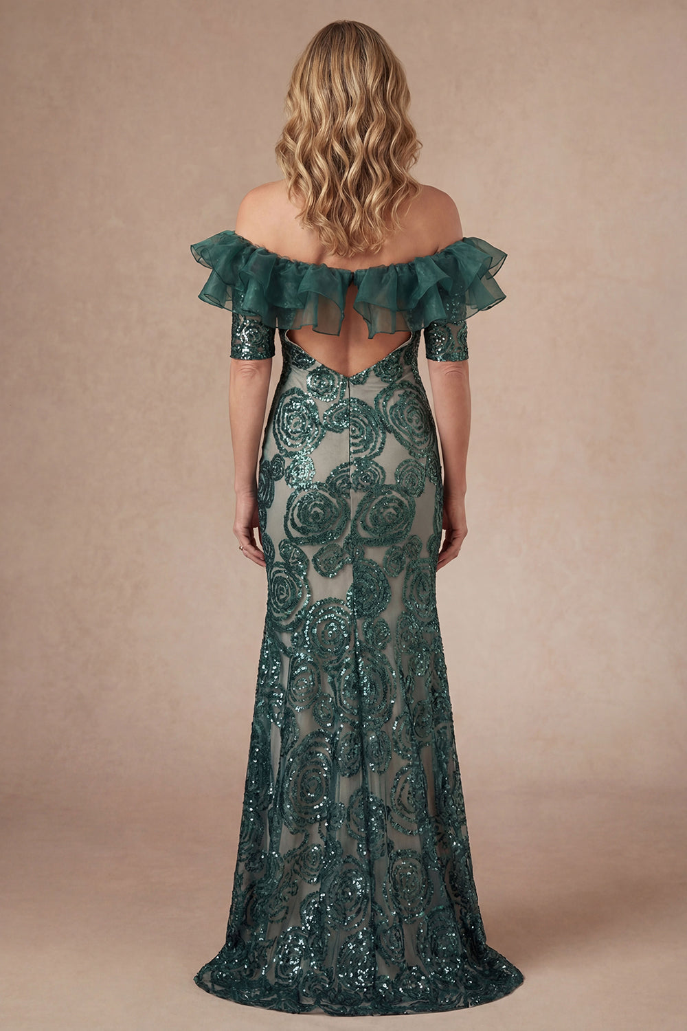 Ruffled Off the Shoulder Floral Dark Green Appliqued Long Mother of the Bride Dress