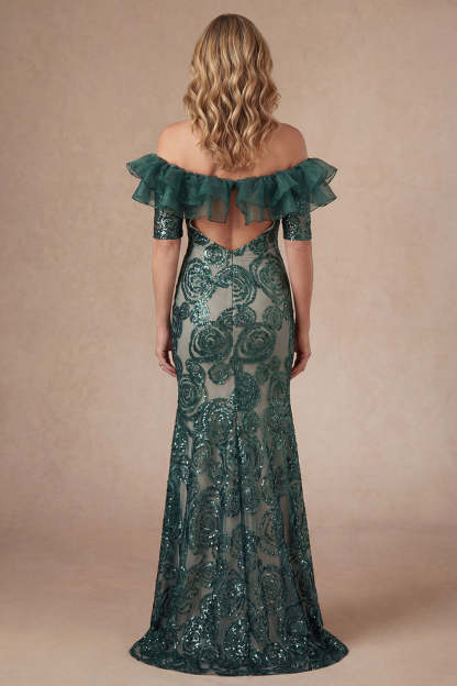 Ruffled Off the Shoulder Floral Dark Green Appliqued Long Mother of the Bride Dress