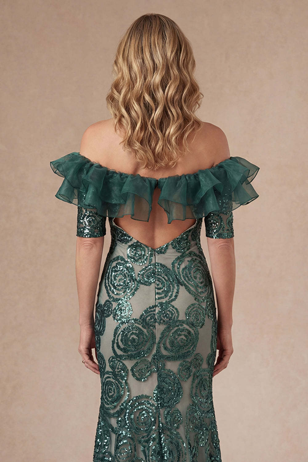Ruffled Off the Shoulder Floral Dark Green Appliqued Long Mother of the Bride Dress