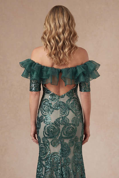 Ruffled Off the Shoulder Floral Dark Green Appliqued Long Mother of the Bride Dress