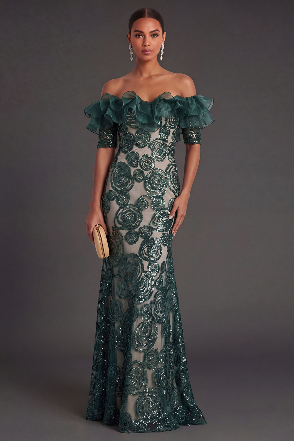 Ruffled Off the Shoulder Floral Dark Green Appliqued Long Formal Dress