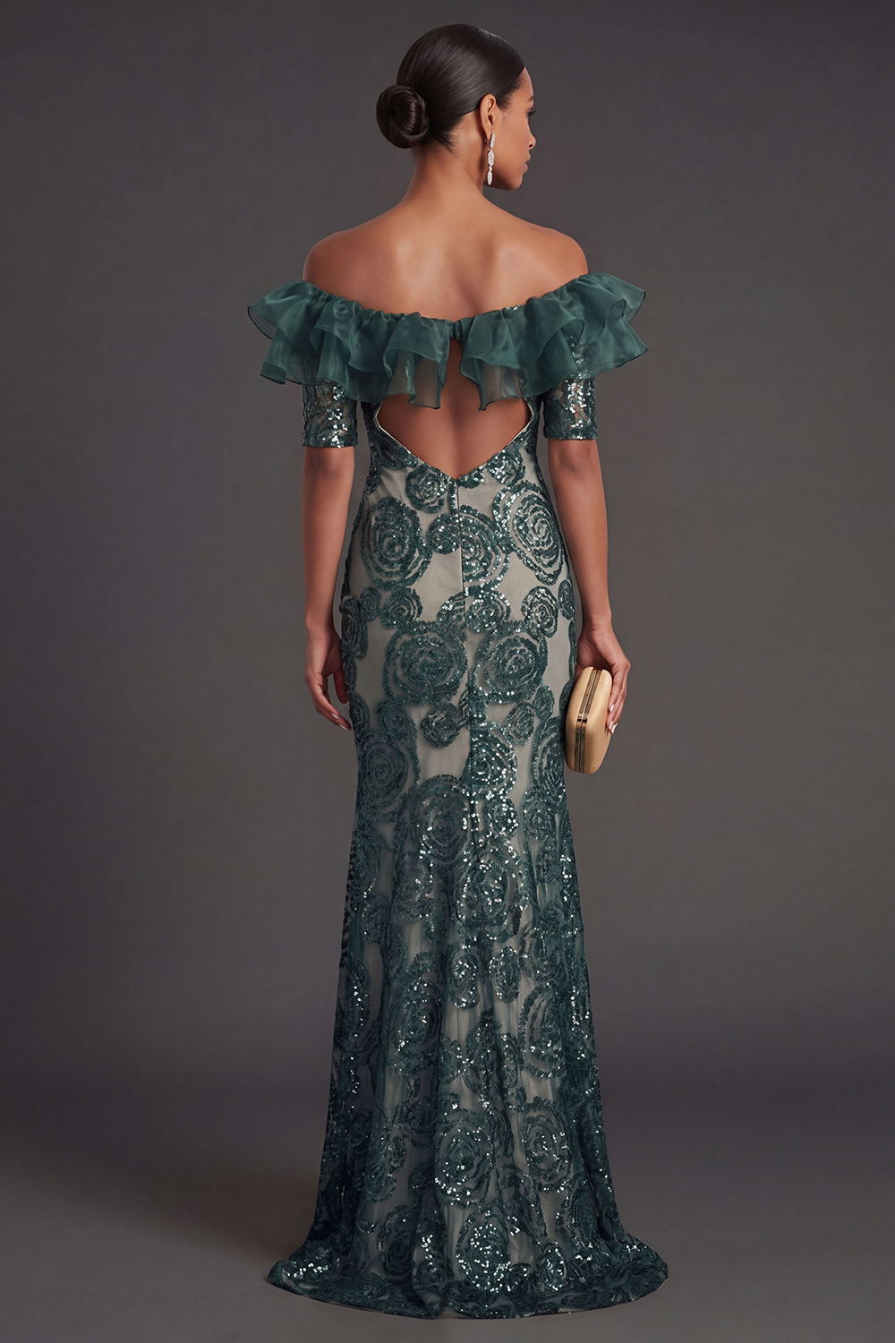 Ruffled Off the Shoulder Floral Dark Green Appliqued Long Formal Dress