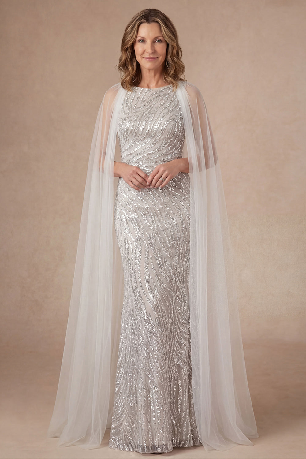 Sheath Silver Appliqued Round Neck Sleeveless Long Mother of the Bride Dress