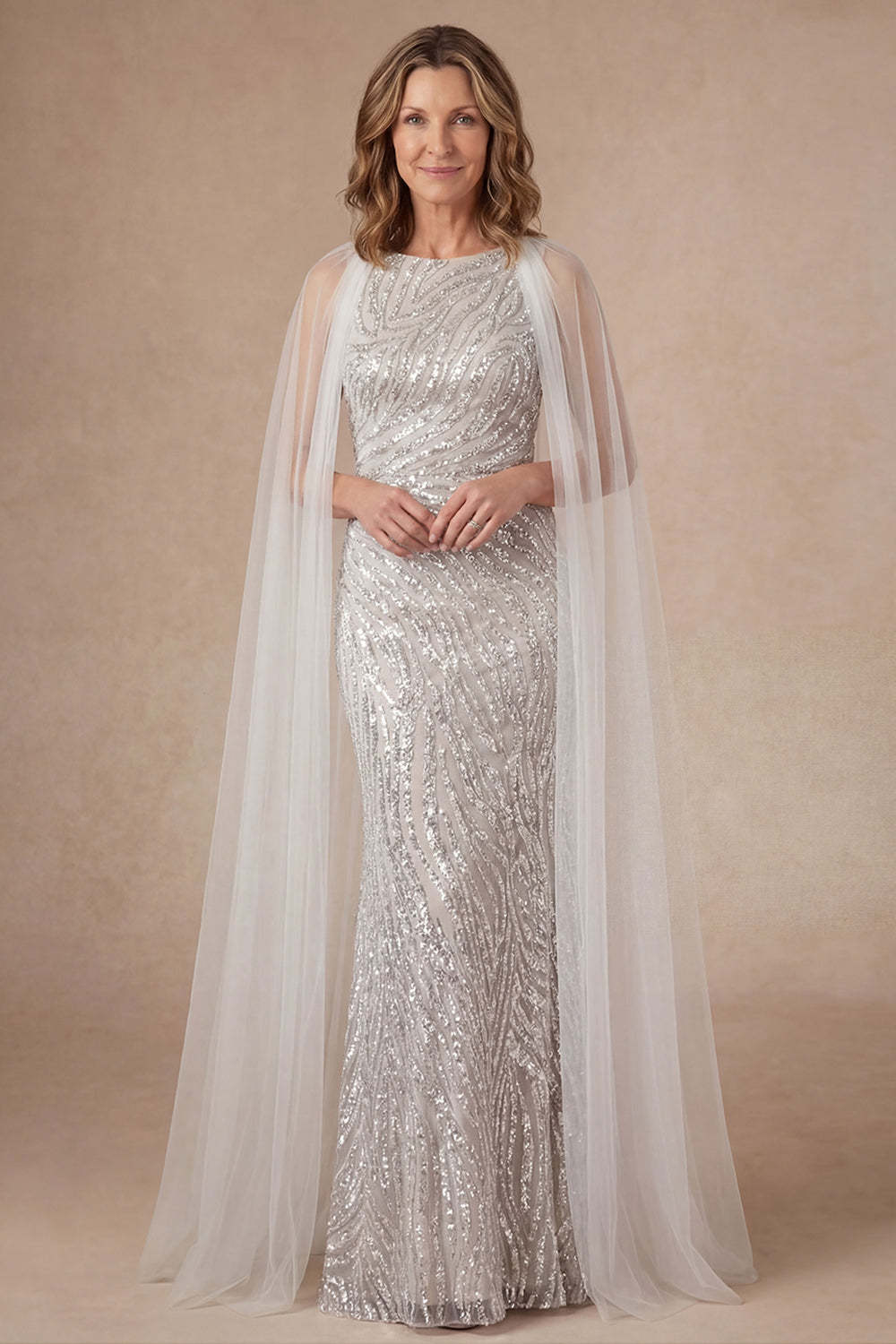 Leely Women Sheath Silver Appliqued Long Mother of the Bride Dress Round Neck Sleeveless Wedding Guest Dress
