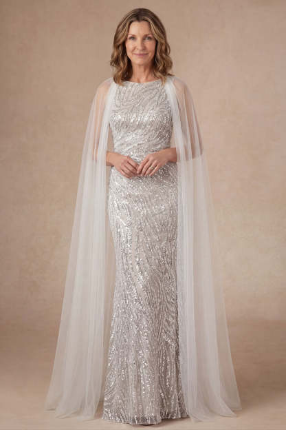 Leely Women Sheath Silver Appliqued Long Mother of the Bride Dress Round Neck Sleeveless Wedding Guest Dress