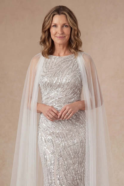 Sheath Silver Appliqued Round Neck Sleeveless Long Mother of the Bride Dress