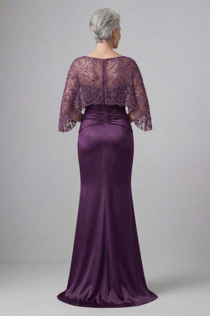 Dark Purple Sheath Floral Appliqued Ruched Long Mother of the Bride Dress