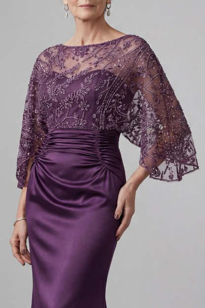 Dark Purple Sheath Floral Appliqued Ruched Long Mother of the Bride Dress