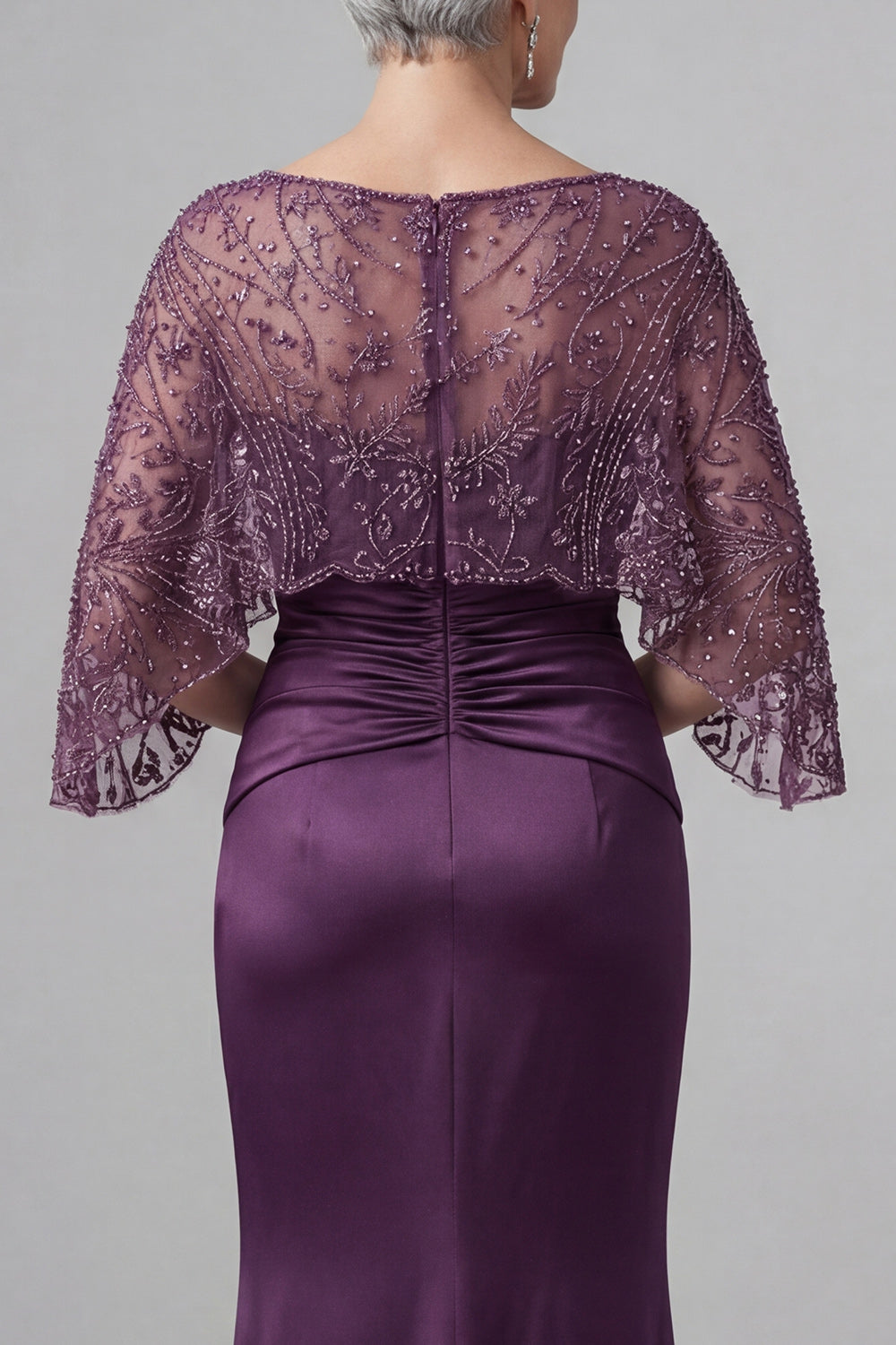 Dark Purple Sheath Floral Appliqued Ruched Long Mother of the Bride Dress