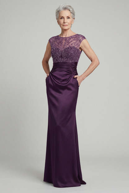 Leely Women Dark Purple Sheath Floral Long Mother of the Bride Dress Appliqued Sleeveless Satin Wedding Guest Dress