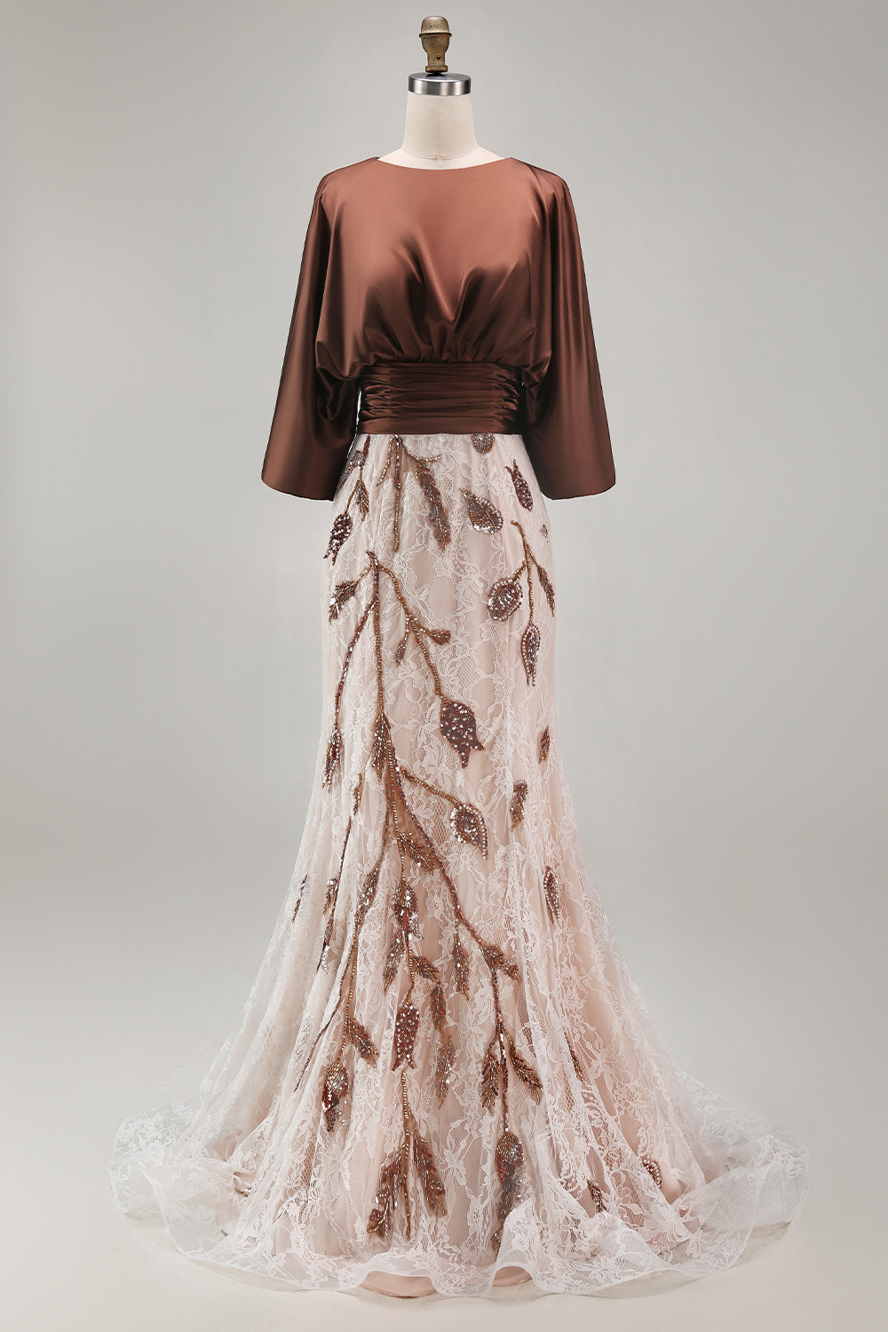 Coffee Floral Sheath Appliqued A Line Long Mother of the Bride Dress