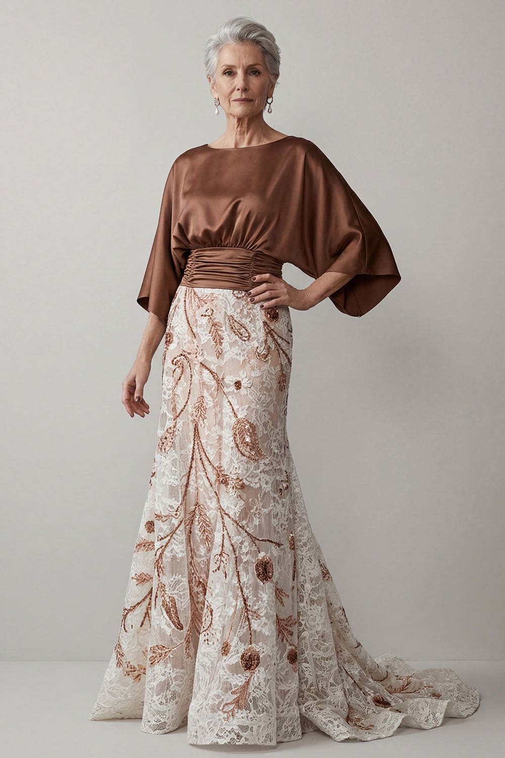 Leely Women Coffee Floral Sheath A Line Long Mother of the Bride Dress Appliqued Flutter Sleeves Wedding Guest Dress