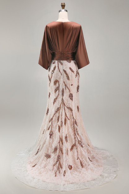 Coffee Floral Sheath Appliqued A Line Long Mother of the Bride Dress