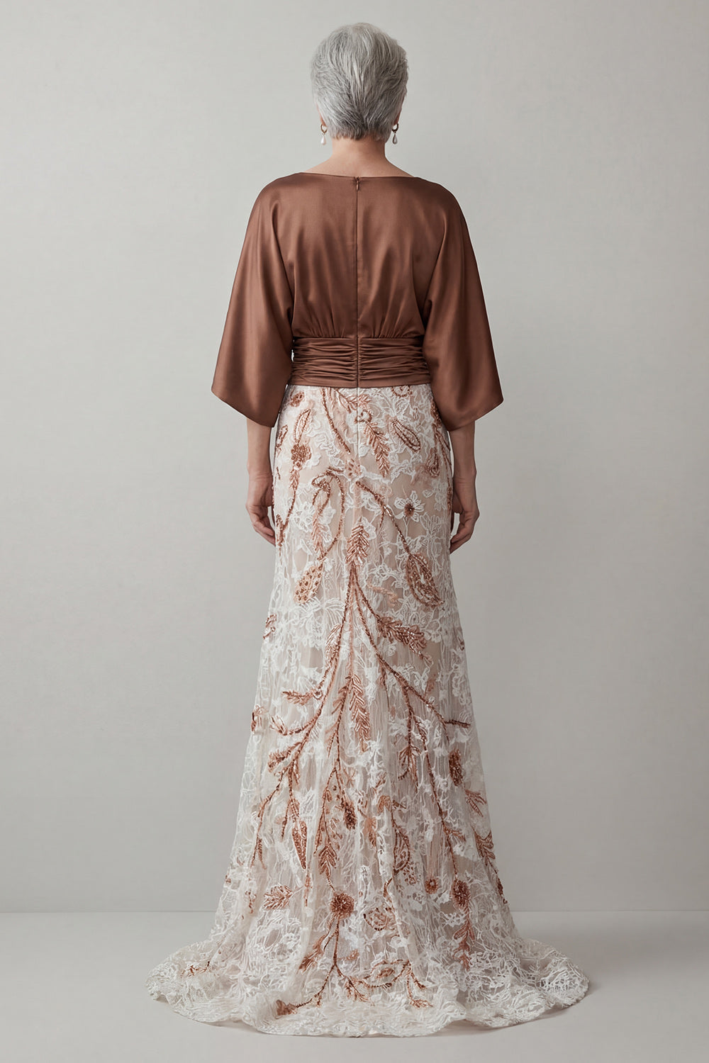 Coffee Floral Sheath Appliqued A Line Long Mother of the Bride Dress