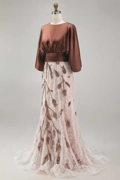 Coffee Floral Sheath Appliqued A Line Long Mother of the Bride Dress