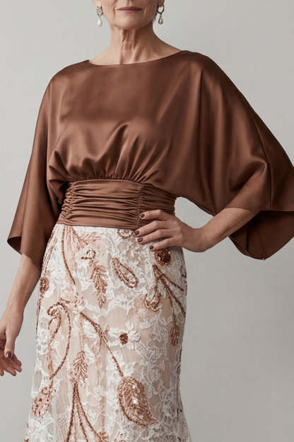Coffee Floral Sheath Appliqued A Line Long Mother of the Bride Dress
