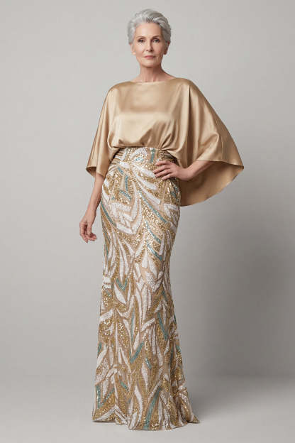 Leely Women Beaded Sparkly Sheath Champagne Floral Long Mother of the Bride Dress Flutter Sleeves Satin Evening Dress