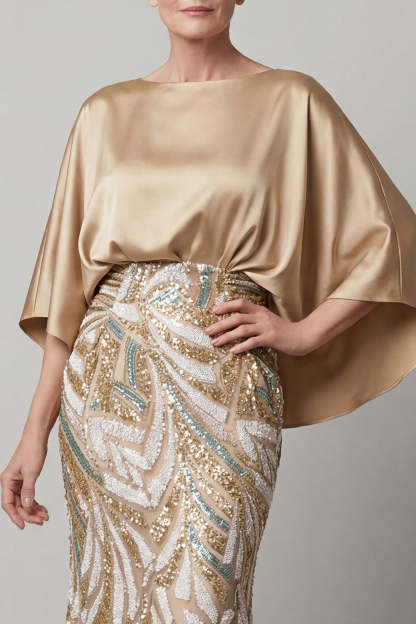 Beaded Sparkly Sheath Champagne Floral Long Mother of the Bride Dress