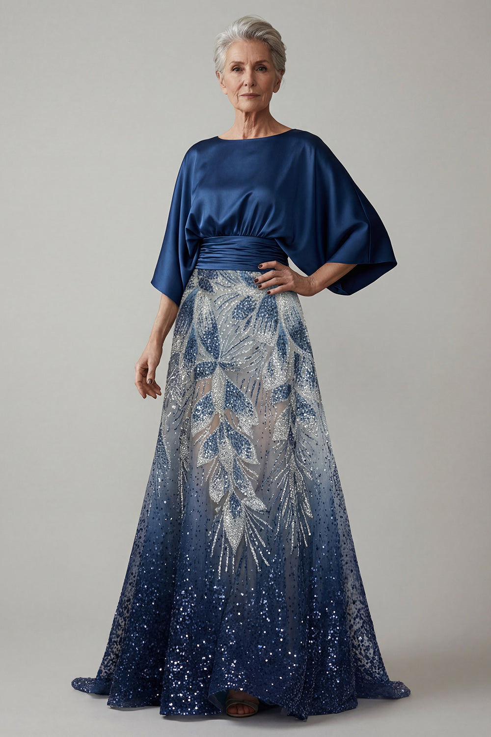Sparkly Navy Sequined A Line Floral Long Mother of the Bride Dress