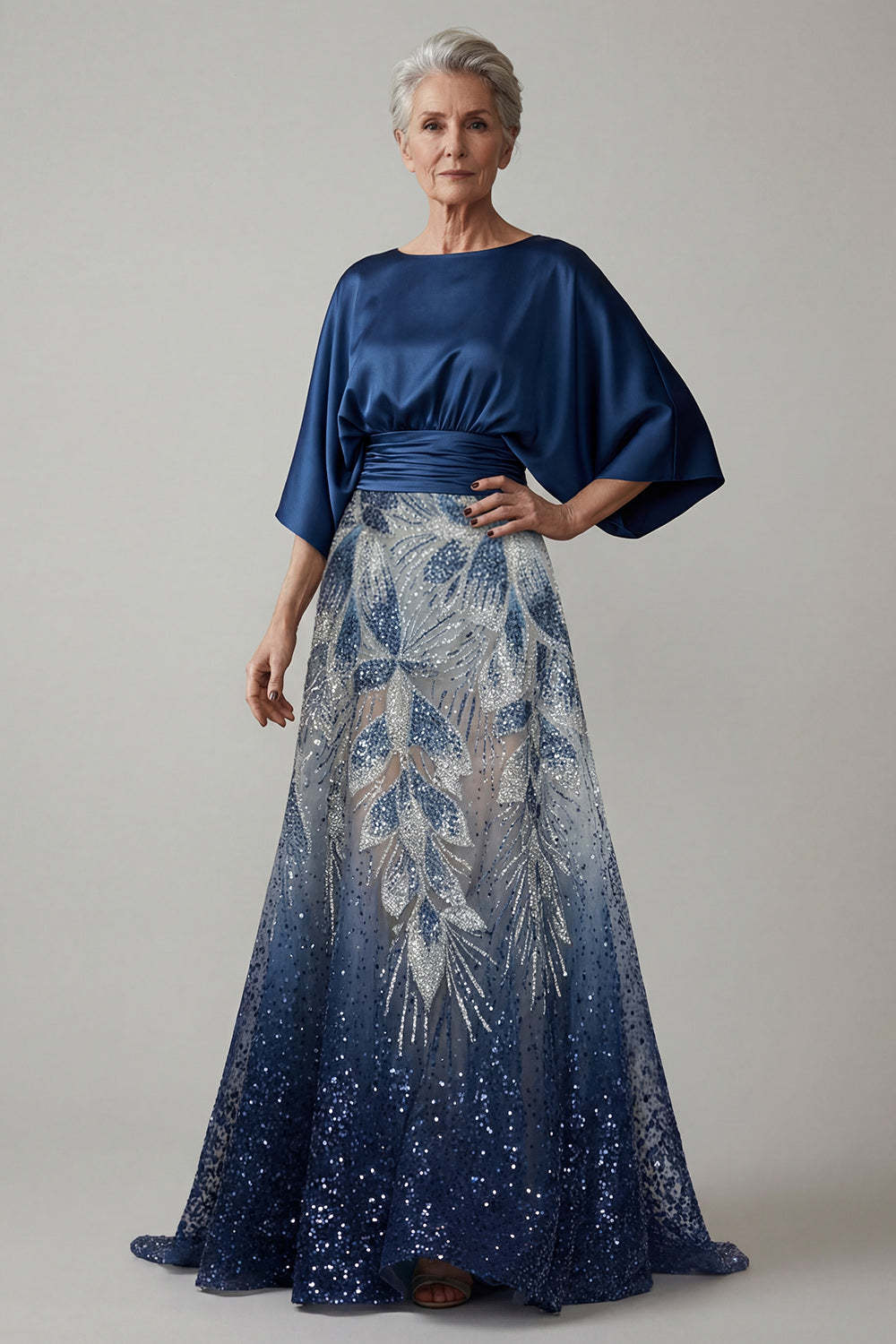 Leely Women Sparkly Navy Sequined Floral Long Mother of the Bride Dress A Line Round Neck Wedding Guest Dress