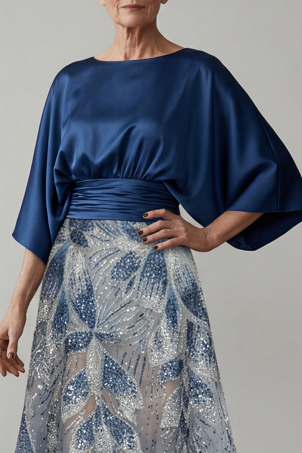 Sparkly Navy Sequined A Line Floral Long Mother of the Bride Dress