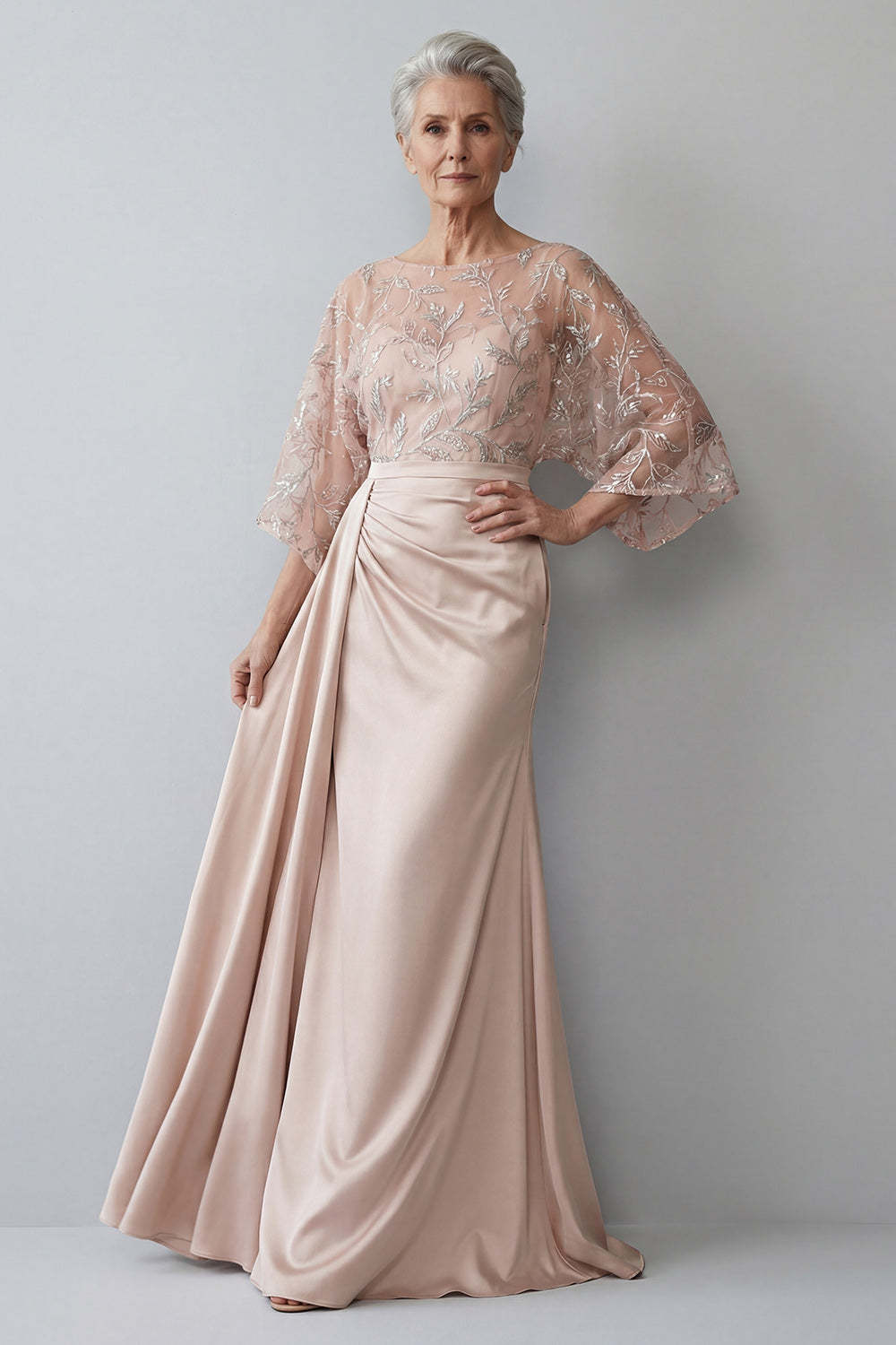 Leely Women Blush Floral Mermaid Long Mother of the Bride Dress Ruched Appliqued Illusion Neck Wedding Guest Dress
