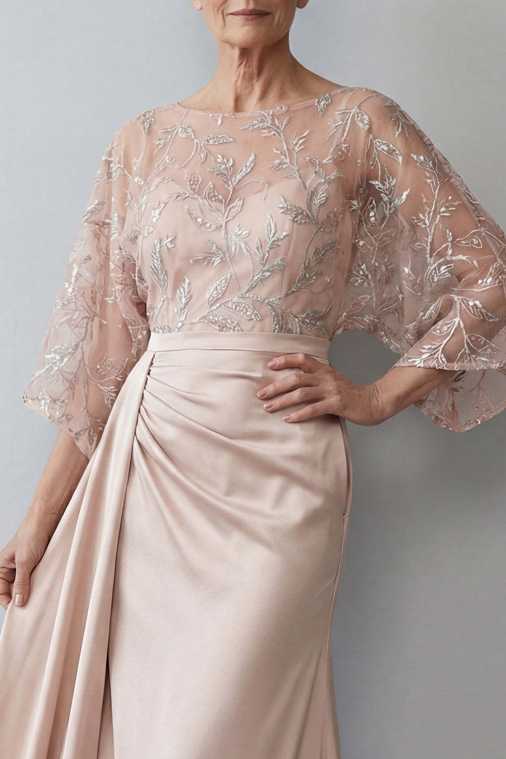 Blush Floral Mermaid Ruched Appliqued Long Mother of the Bride Dress