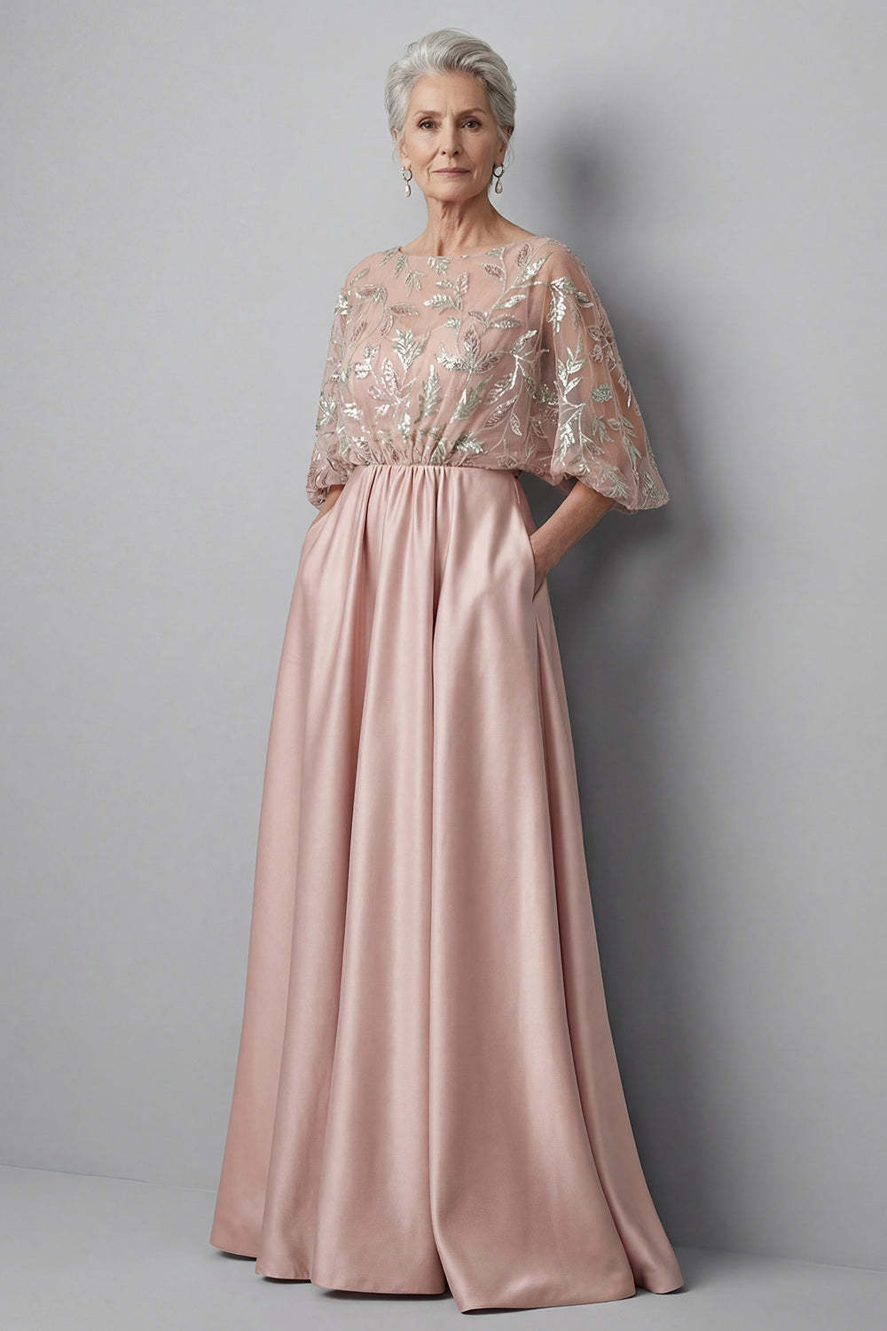 Leely Women A Line Blush Floral Long Mother of the Bride Dress Round Neck Appliqued Satin Evening Dress