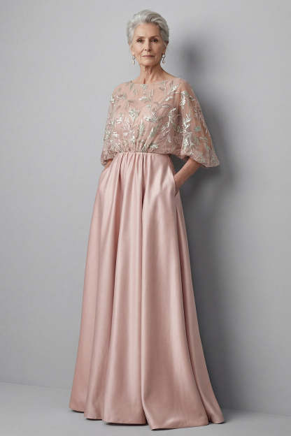 Leely Women A Line Blush Floral Long Mother of the Bride Dress Round Neck Appliqued Satin Evening Dress