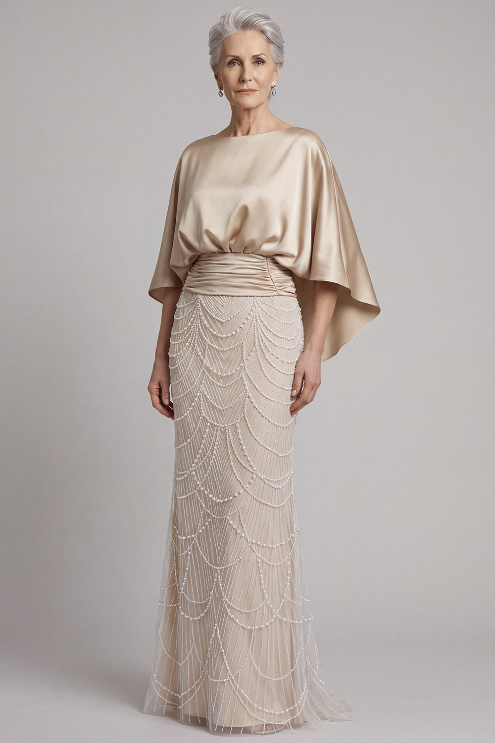 Sheath Champagne Appliqued Satin Round Neck Long Mother of the Bride Dress