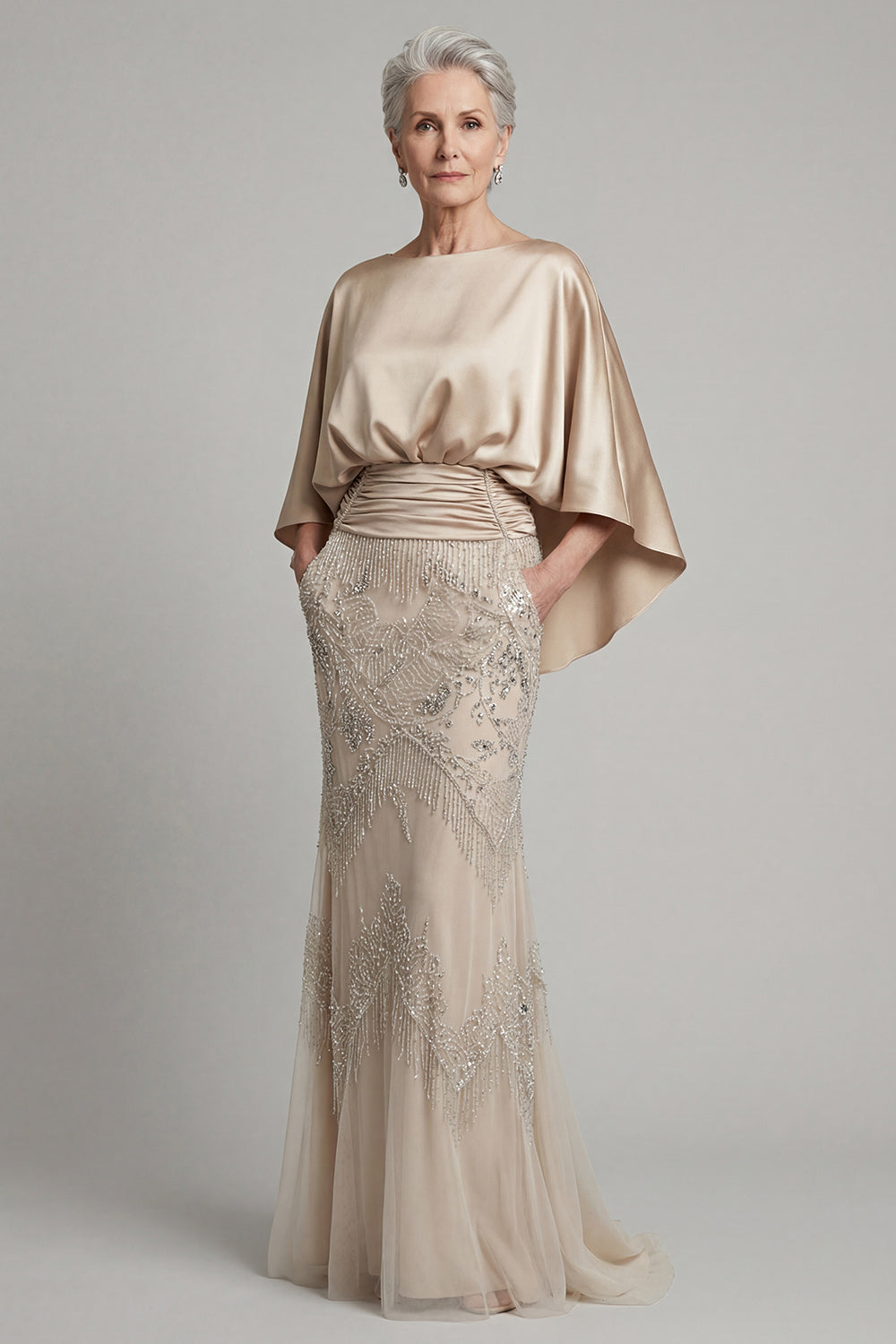 Leely Women Sheath Champagne Appliqued Long Mother of Dress Satin Round Neck Wedding Guest Dress with Cape