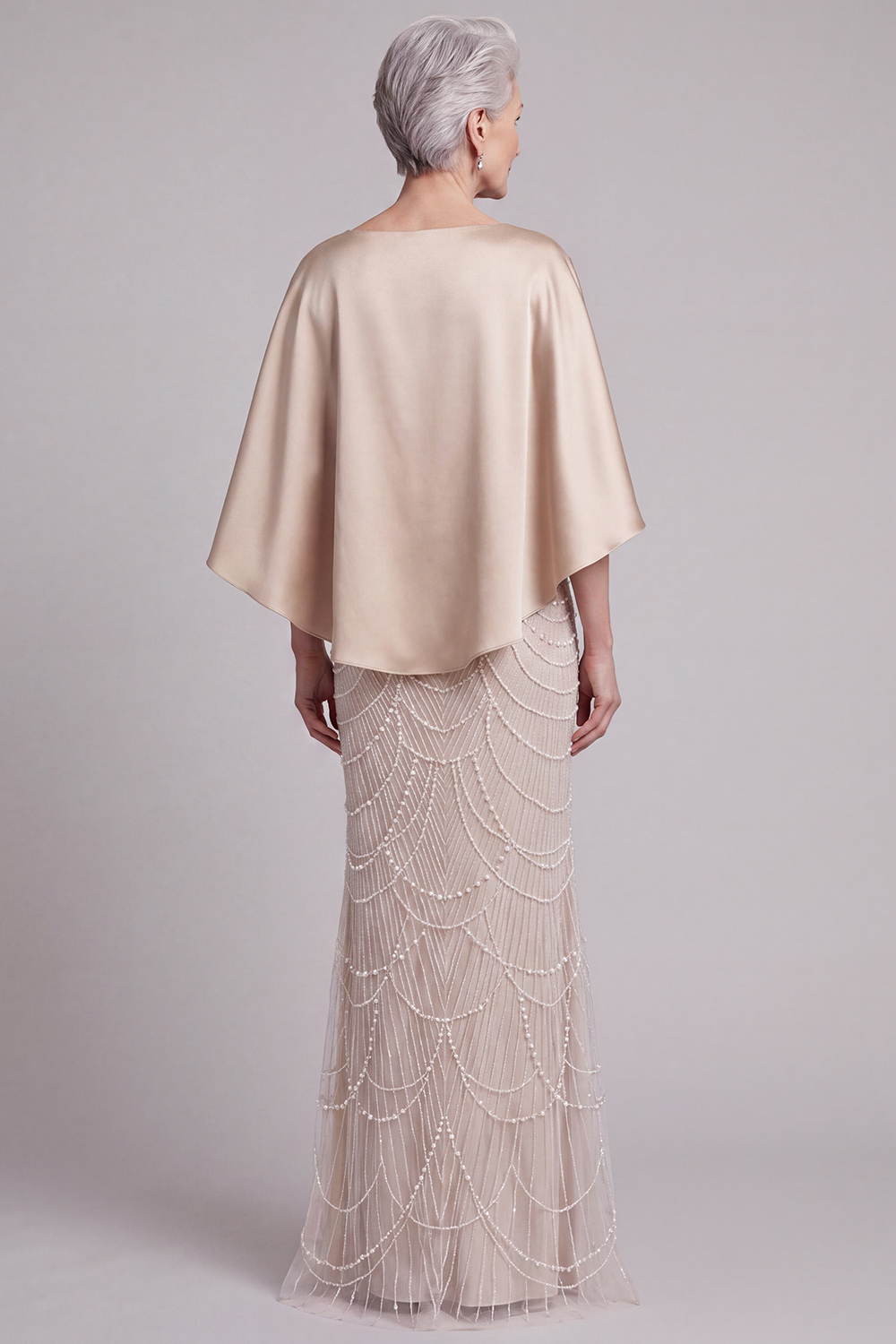 Sheath Champagne Appliqued Satin Round Neck Long Mother of the Bride Dress