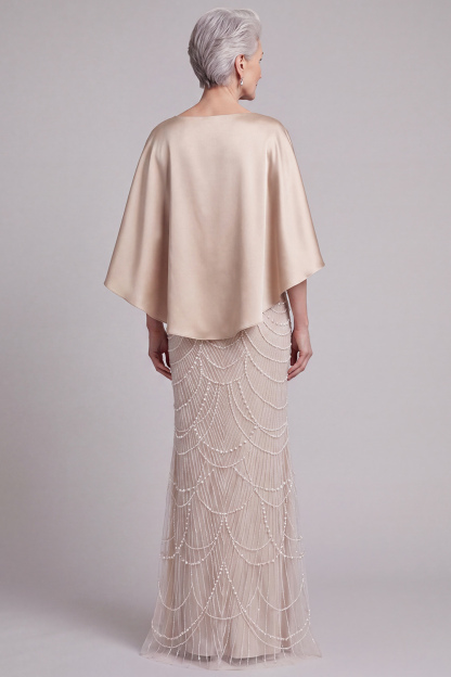Sheath Champagne Appliqued Satin Round Neck Long Mother of the Bride Dress