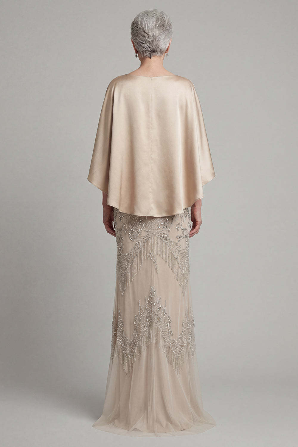 Sheath Champagne Appliqued Satin Round Neck Long Mother of Dress