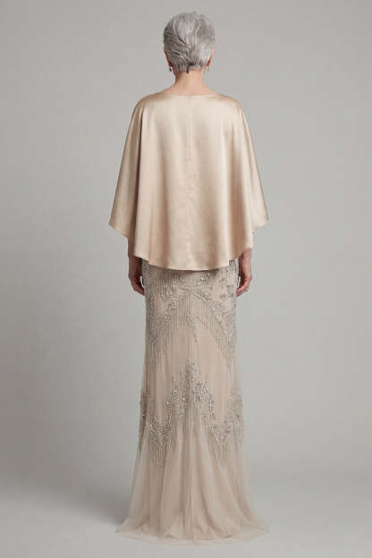 Sheath Champagne Appliqued Satin Round Neck Long Mother of Dress