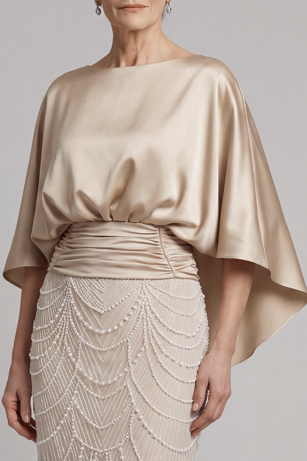 Sheath Champagne Appliqued Satin Round Neck Long Mother of the Bride Dress