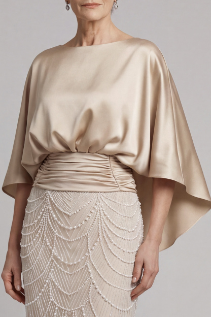 Sheath Champagne Appliqued Satin Round Neck Long Mother of the Bride Dress
