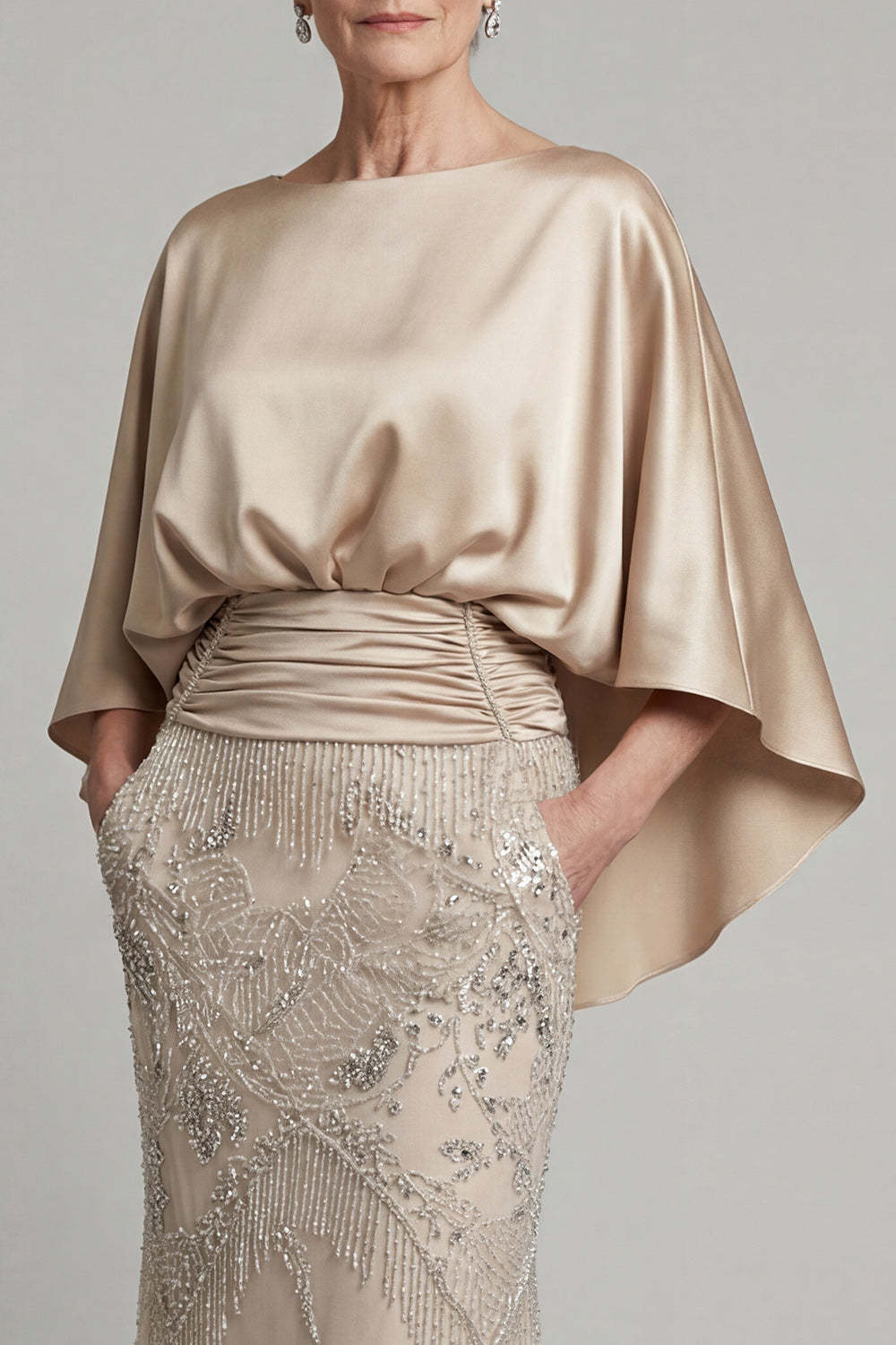 Sheath Champagne Appliqued Satin Round Neck Long Mother of Dress