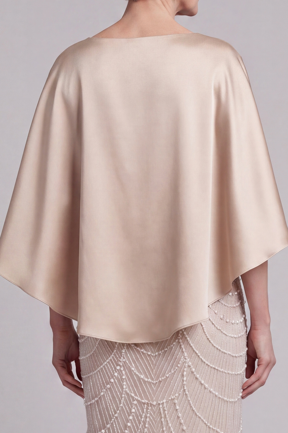 Sheath Champagne Appliqued Satin Round Neck Long Mother of the Bride Dress
