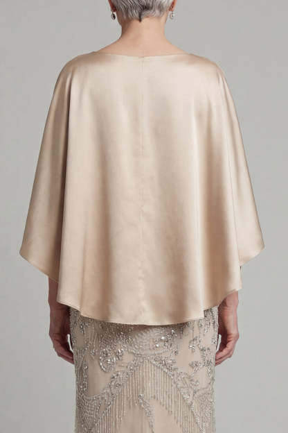 Sheath Champagne Appliqued Satin Round Neck Long Mother of Dress