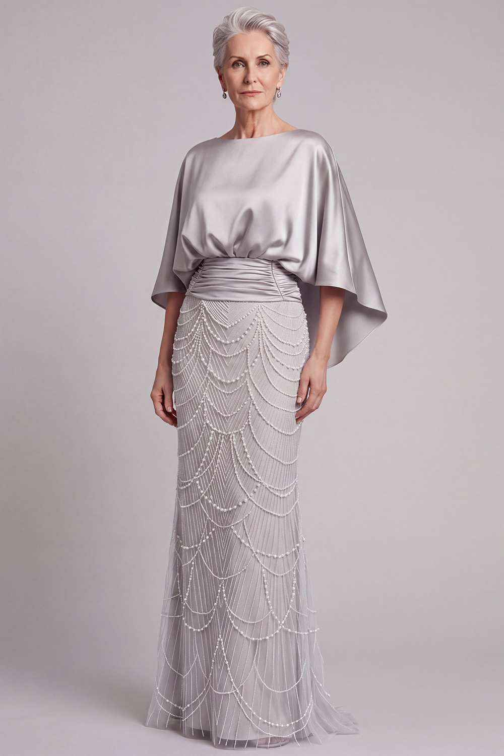 Sheath Champagne Appliqued Satin Round Neck Long Mother of the Bride Dress