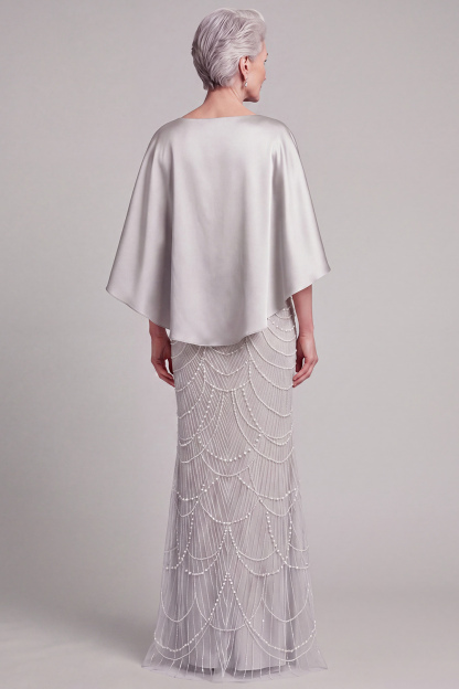 Sheath Champagne Appliqued Satin Round Neck Long Mother of the Bride Dress