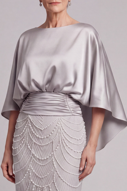 Sheath Champagne Appliqued Satin Round Neck Long Mother of the Bride Dress