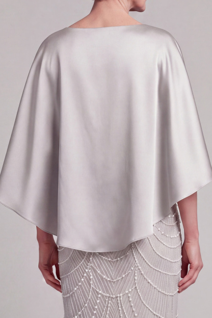 Sheath Champagne Appliqued Satin Round Neck Long Mother of the Bride Dress
