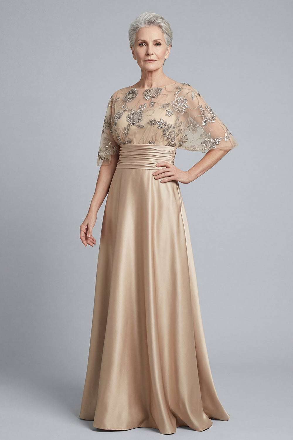Leely Women Illusion Neck Champagne A Line Floral Long Mother of Bride Dress Appliqued Satin Evening Dress