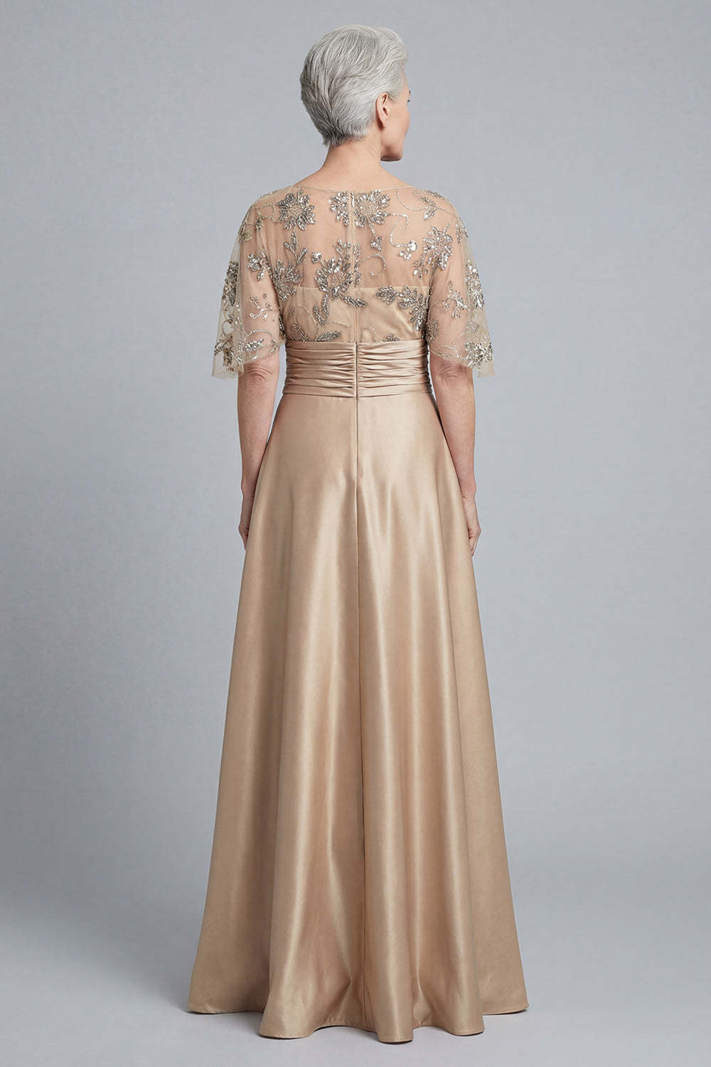 Illusion Neck Champagne A Line Floral Appliqued Long Mother of Bride Dress