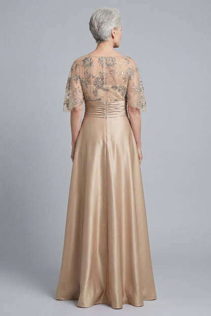 Illusion Neck Champagne A Line Floral Appliqued Long Mother of Bride Dress