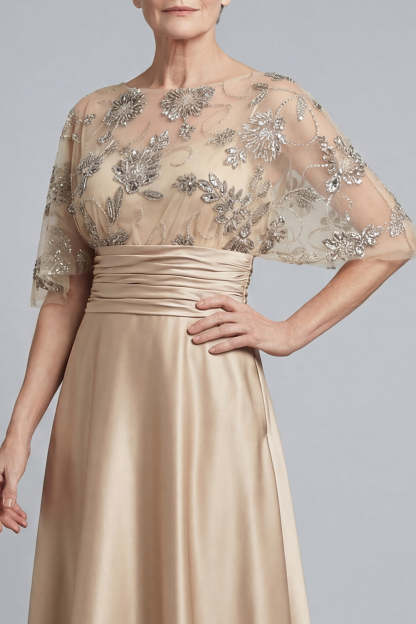 Illusion Neck Champagne A Line Floral Appliqued Long Mother of Bride Dress