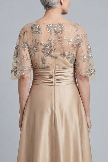 Illusion Neck Champagne A Line Floral Appliqued Long Mother of Bride Dress