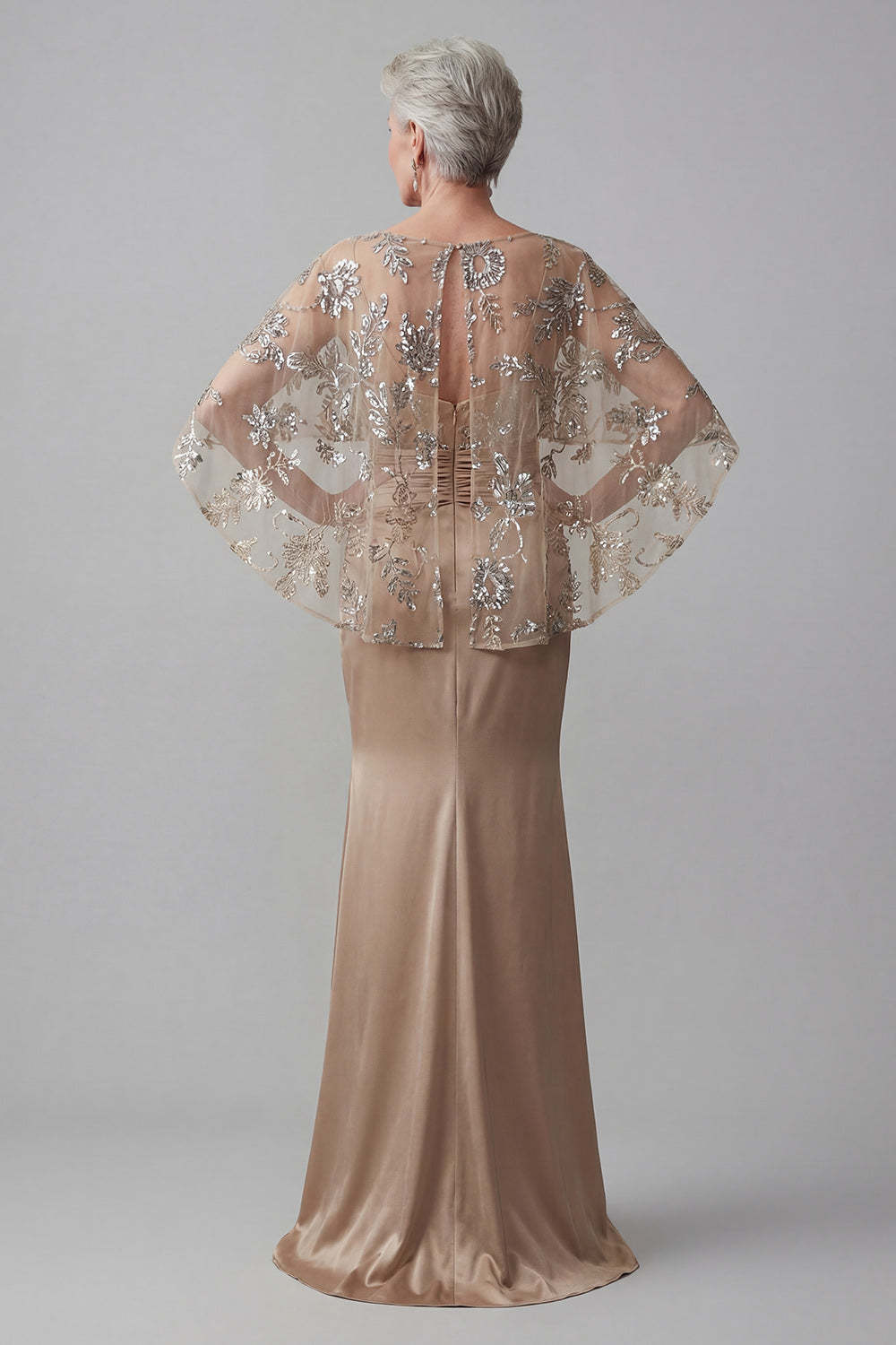 Mermaid Champagne Floral Appliqued Satin Long Mother of the Bride Dress with Cape